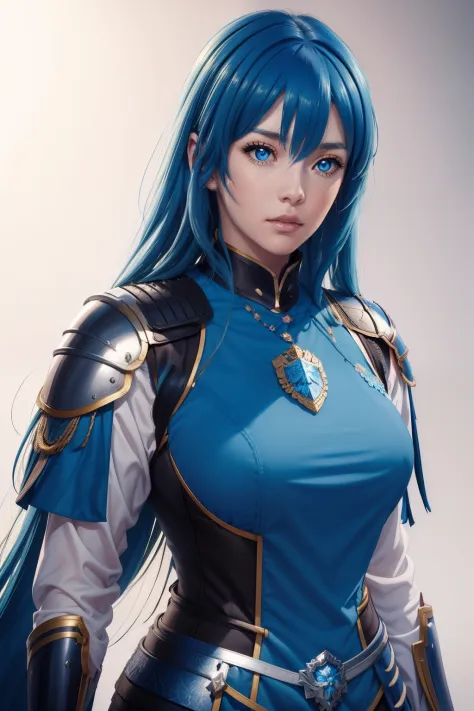 a woman with blue hair and armor standing in front of a white background, a character portrait inspired by Li Chevalier, pixiv, ...