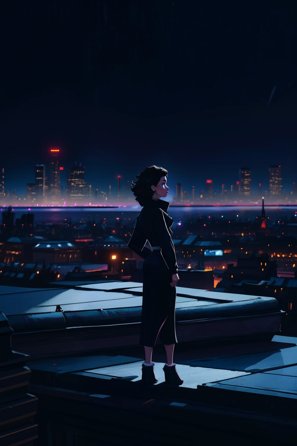 arafed woman standing on a bridge in a city at night, forest city streets behind her, night in the city, on a rooftop, reminiscent of blade runner, gothic city streets behind her, city rooftop, in a rooftop, on rooftop, inspired by Elsa Bleda, standing on rooftop, cinematic outfit photo, city lights in the background