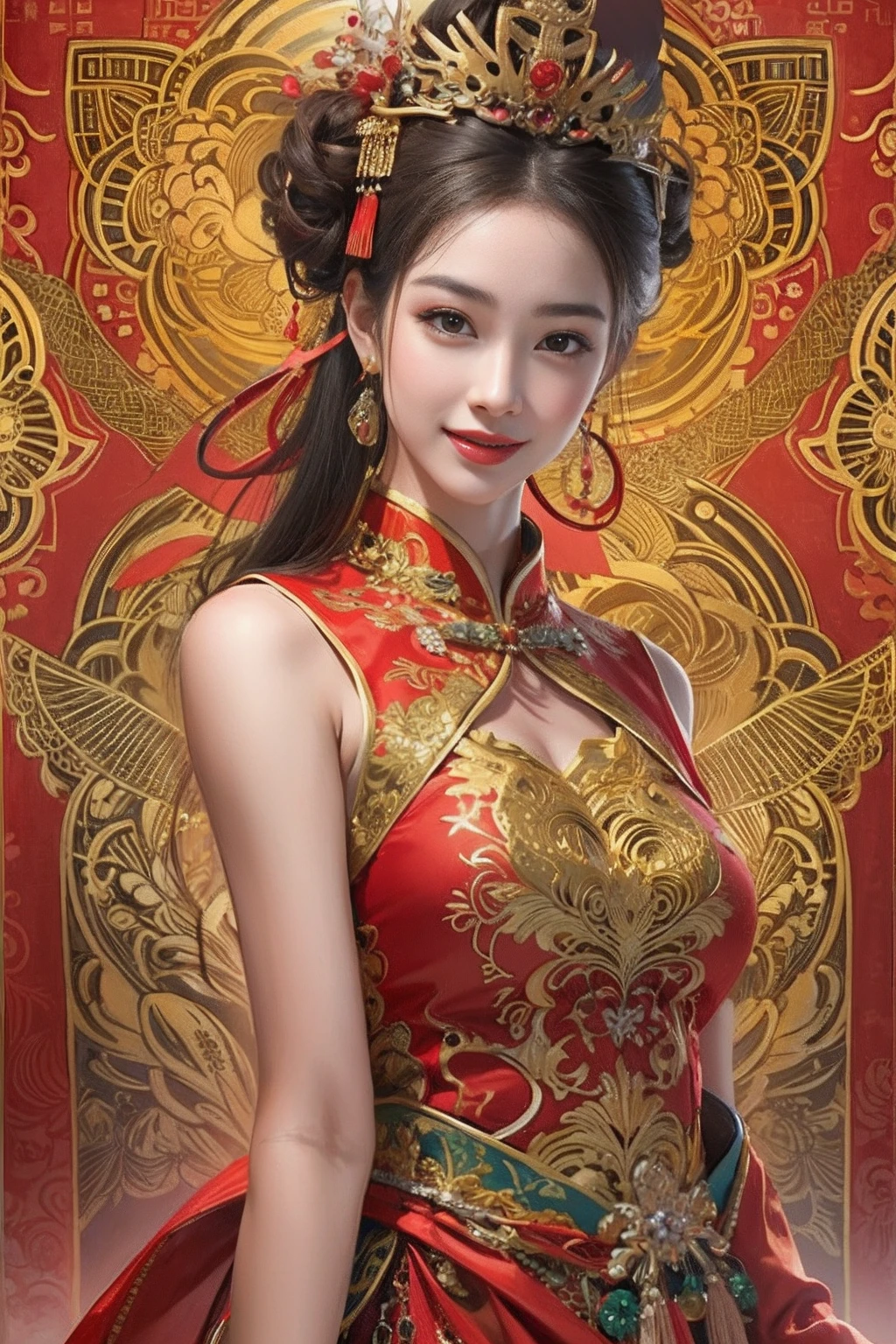 A woman wearing a red and gold Chinese dress，Phoenix crown，a chinese wedding，（tmasterpiece，top Quority，best qualtiy，offcial art，Beauty and aesthetics：1.2），（1girll：1.3），The is very detailed，（s fractal art：1.1），Most detailed，（ zentangle:1.2), full bodyesbian, (abstract backgrounds:1.3), (Shiny skin), (many color:1.4), happy smile,(Earrings), (feater:1.5), sexy pose, naked upper body
