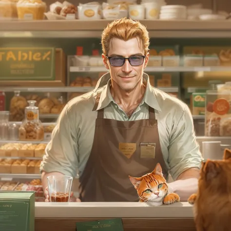 albert wesker, in a panera, clear glasses, smiling, wearing white polo, green apron, behind a counter, red cat eyes, middle aged...