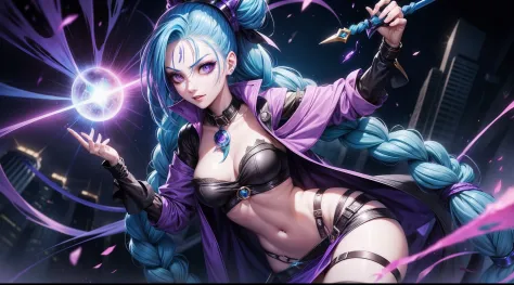 there is a woman with blue hair holding a bomb, arcane jinx, portrait of jinx from arcane, jinx from league of legends, jinx from arcane, jinx expression, jinx face, long blue braids, blue hair, purple eyes
