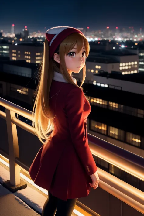 arafed taiga aisaka from toradora anime standing on a bridge in a city at night, forest city streets behind her, night in the ci...