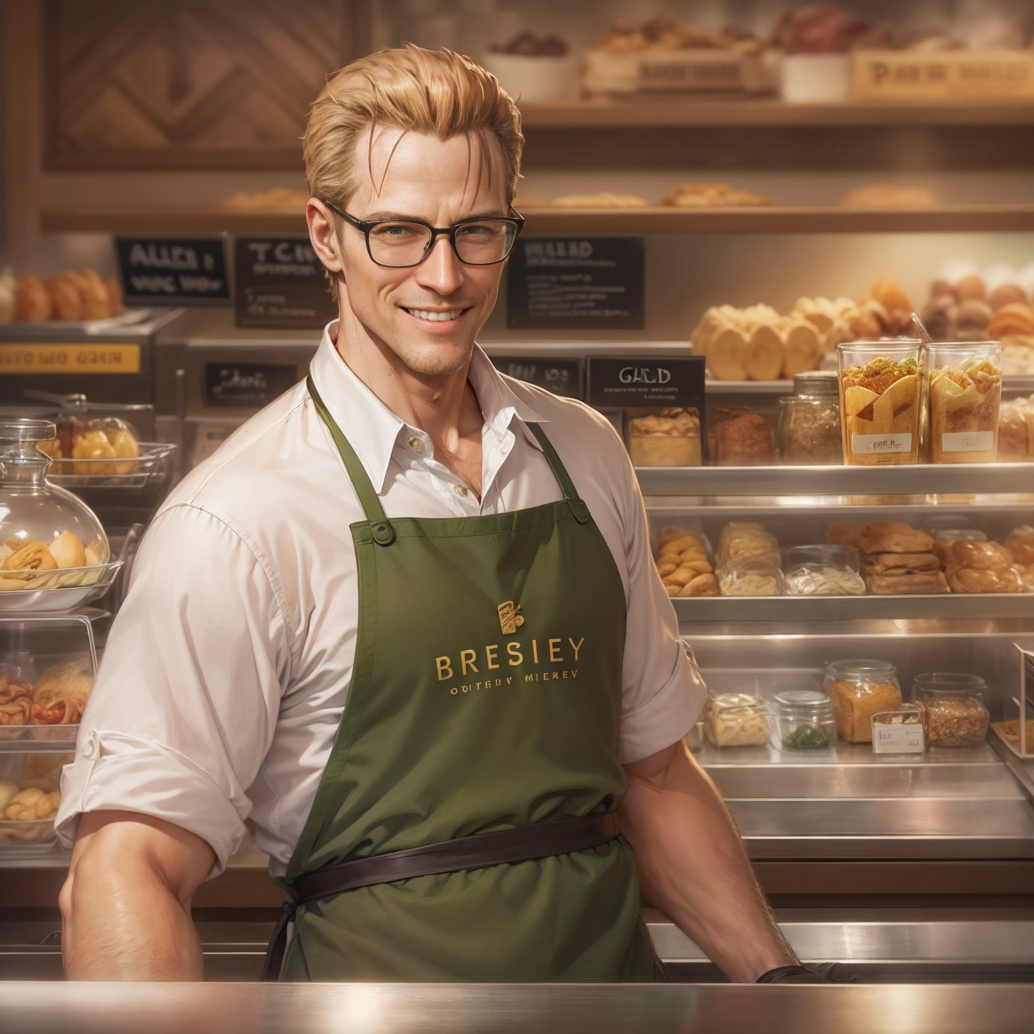 Albert wesker, in a panera, clear glasses, smiling, wearing white polo, green apron, behind a counter, middle aged man, gold name tag,