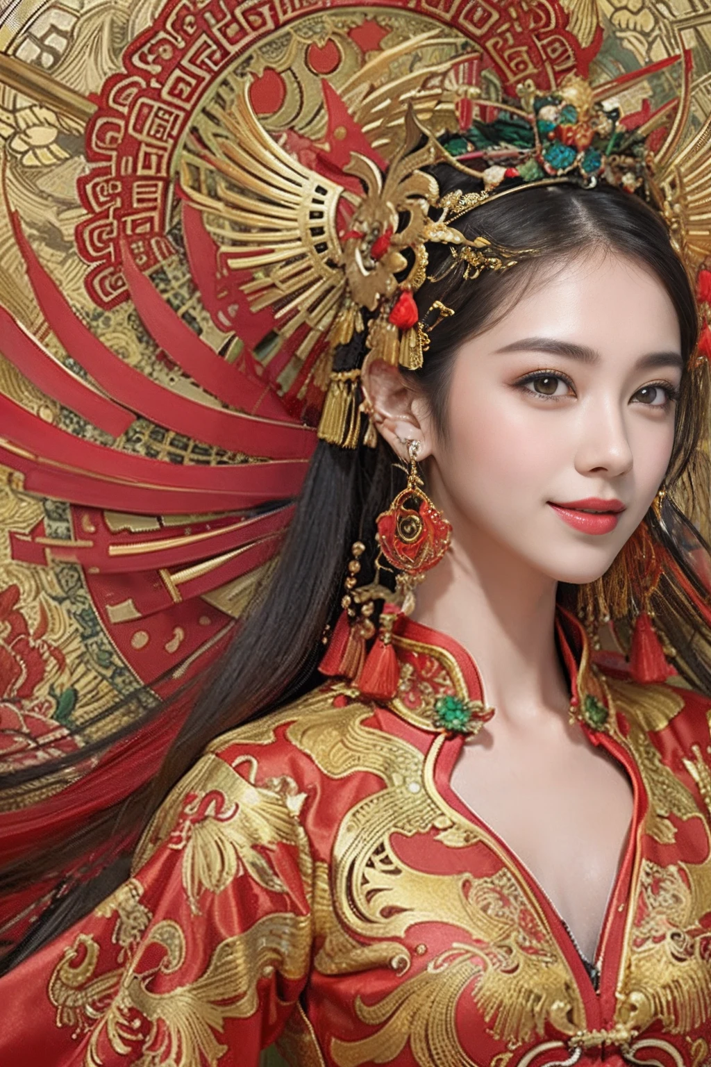 A woman wearing a red and gold Chinese dress，Phoenix crown，a chinese wedding，（tmasterpiece，top Quority，best qualtiy，offcial art，Beauty and aesthetics：1.2），（1girll：1.3），The is very detailed，（s fractal art：1.1），Most detailed，（ zentangle:1.2), full bodyesbian, (abstract backgrounds:1.3), (Shiny skin), (many color:1.4), happy smile,(Earrings), (feater:1.5), sexy pose, naked upper body