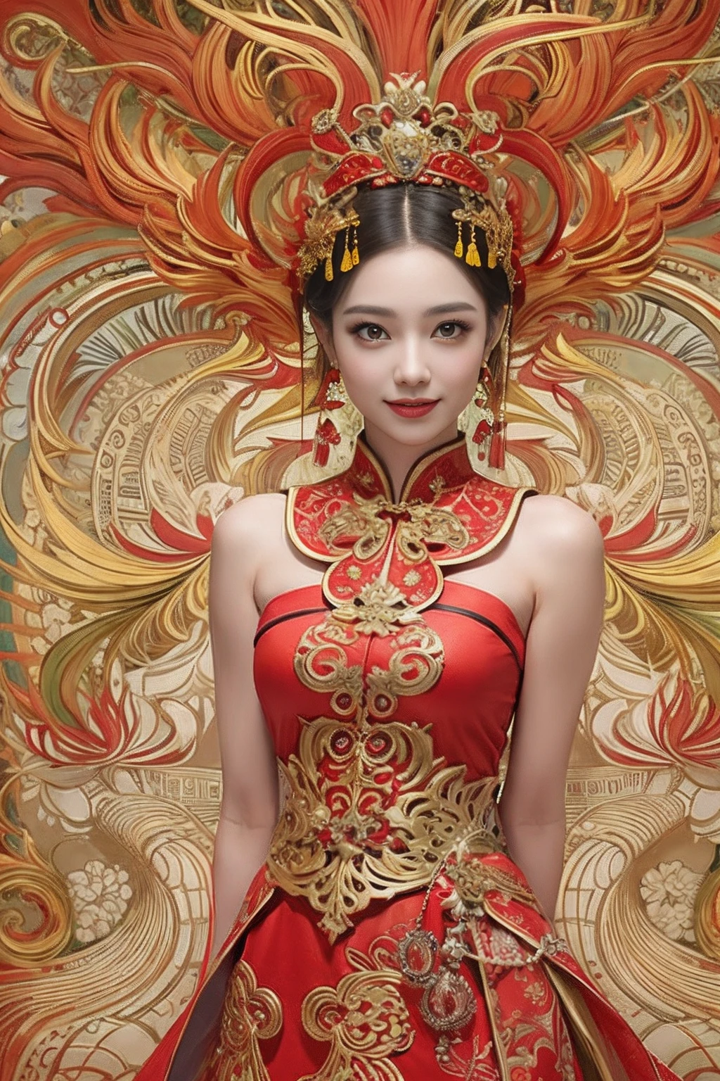 A woman wearing a red and gold Chinese dress，Phoenix crown，a chinese wedding，（tmasterpiece，top Quority，best qualtiy，offcial art，Beauty and aesthetics：1.2），（1girll：1.3），The is very detailed，（s fractal art：1.1），Most detailed，（ zentangle:1.2), full bodyesbian, (abstract backgrounds:1.3), (Shiny skin), (many color:1.4), happy smile,(Earrings), (feater:1.5), sexy pose, naked upper body, dynamic