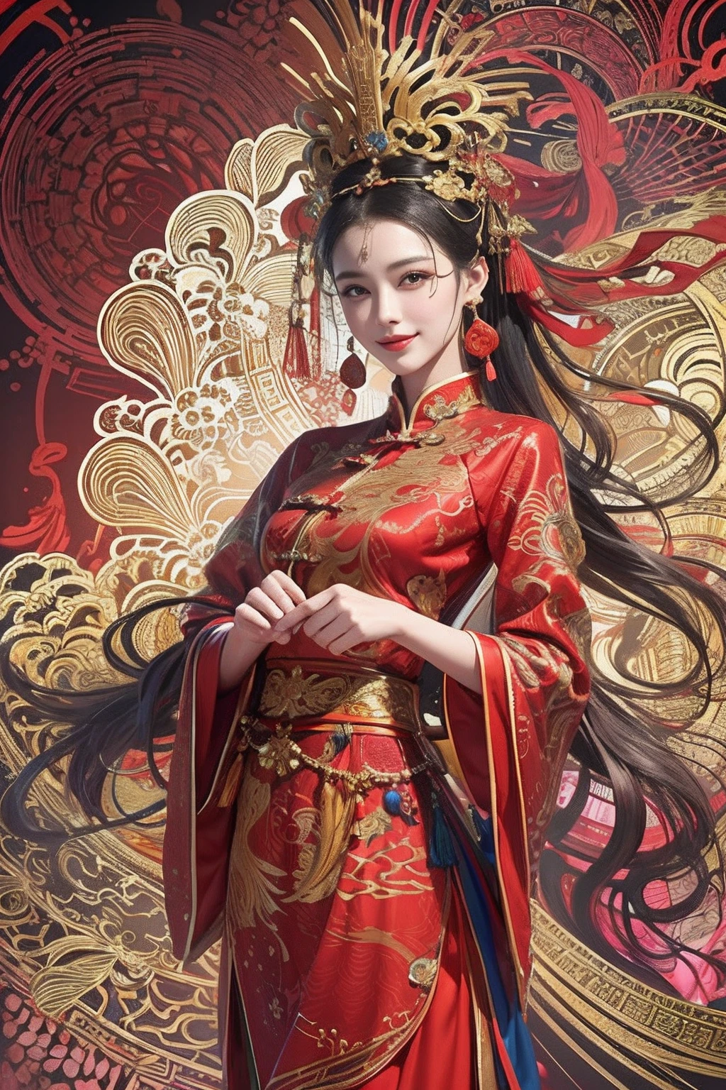 A woman wearing a red and gold Chinese dress，Phoenix crown，a chinese wedding，（tmasterpiece，top Quority，best qualtiy，offcial art，Beauty and aesthetics：1.2），（1girll：1.3），The is very detailed，（s fractal art：1.1），Most detailed，（ zentangle:1.2), full bodyesbian, (abstract backgrounds:1.3), (Shiny skin), (many color:1.4), happy smile,(Earrings), (feater:1.5), sexy pose, naked upper body, dynamic