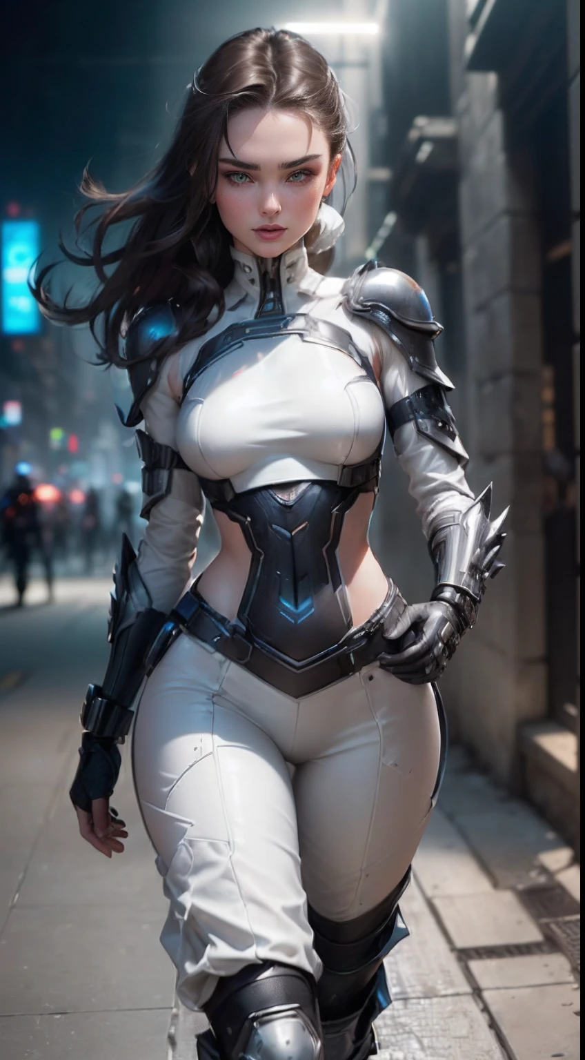 ((chat: Semblable à Miranda Kerr 28 ans & visage parfait & expression séduisante & Robe cyberpunk blanche & Armure complète avec pantalon & Yeux noisette ultra détaillés & grand & mince & peau pâle & Des cheveux châtain foncé tombant en cascade jusqu&#39;à vos épaules & Petit buste & chiffre de sablier, mains détaillées)) Elle marche dans la construction, Poses d&#39;aventurier dynamique, Fond Ville De Nuit Futuriste,|