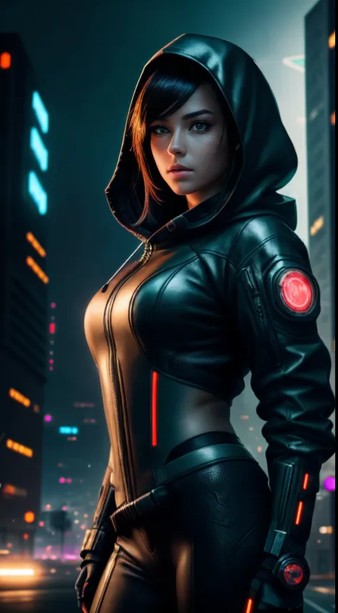 cyberpunk portrait photography, beautiful young woman looking off camera in glowing futuristic tactical hood jacket, super reali...
