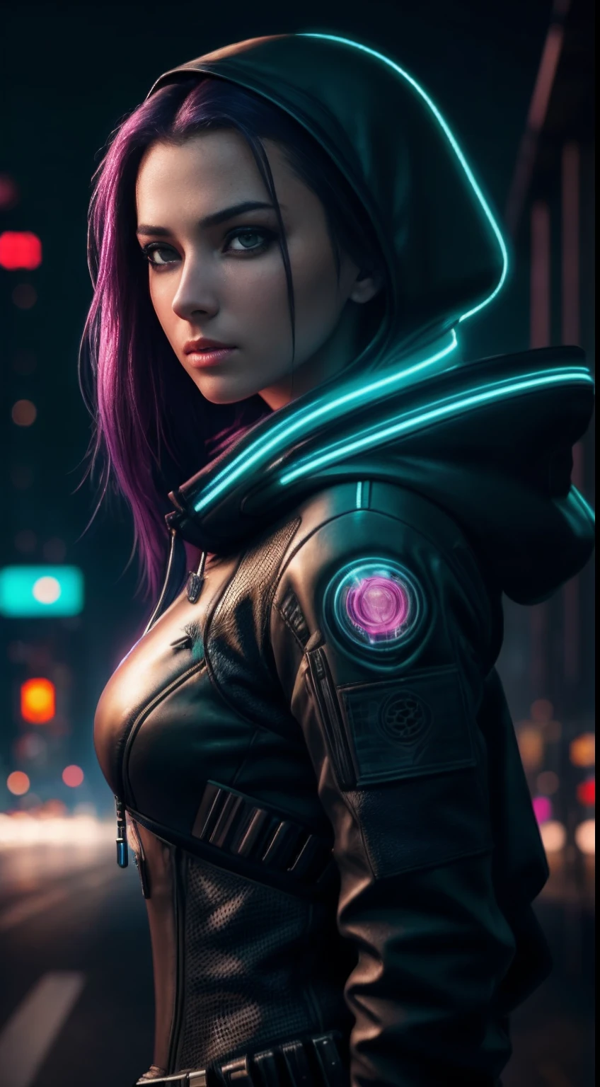 cyberpunk portrait photography, beautiful young woman looking off camera in glowing futuristic tactical hood jacket, super realistic face, proper eye position, natural skin, soft light, rim light, hips, in road side, detailed background, intricate, full body shot, highly detail, octane render, HD, 8k, by Annie Leibovitz,120mm