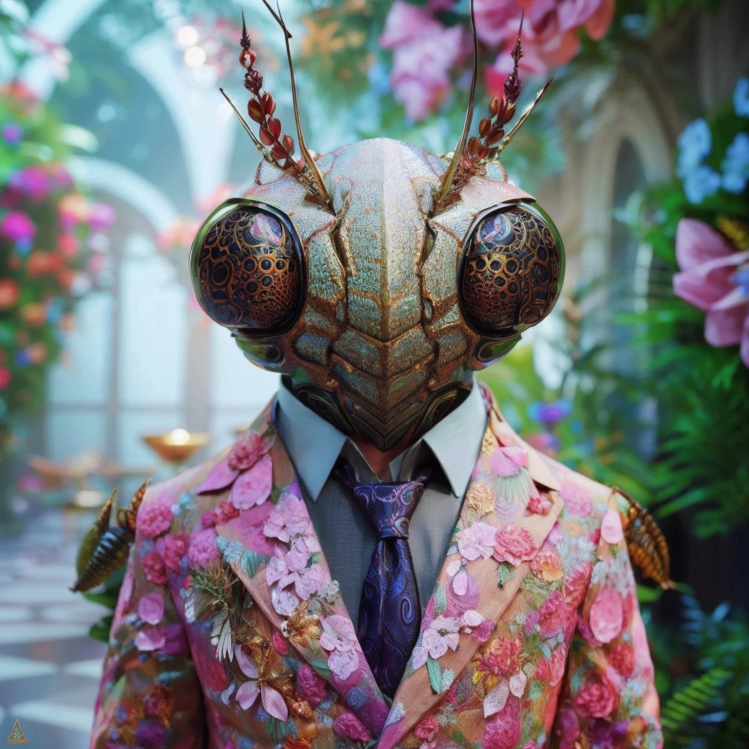 there is a mantisce dressed in a suit and tie, portrait of an insectoid, hyperdetailed fantasy character, style hybrid mix of beeple, beeple and james jean, 🌺 cgsociety, insectoid, beeple daily art, beeple art, in style of beeple, antasy character, beeple and jeremiah ketner