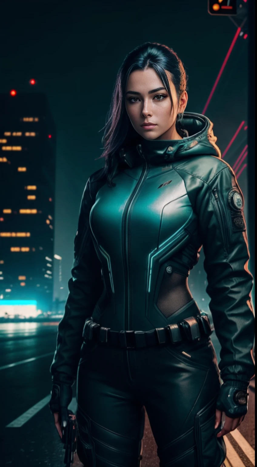 cyberpunk portrait photography, beautiful young woman looking off camera in glowing futuristic tactical hood jacket, tight cargo pants, tactical boots, super realistic face, proper eye position, natural skin, soft light, rim light, hips, in road side, detailed background, intricate, full body shot, highly detail, octane render, HD, 8k, by Annie Leibovitz,120mm