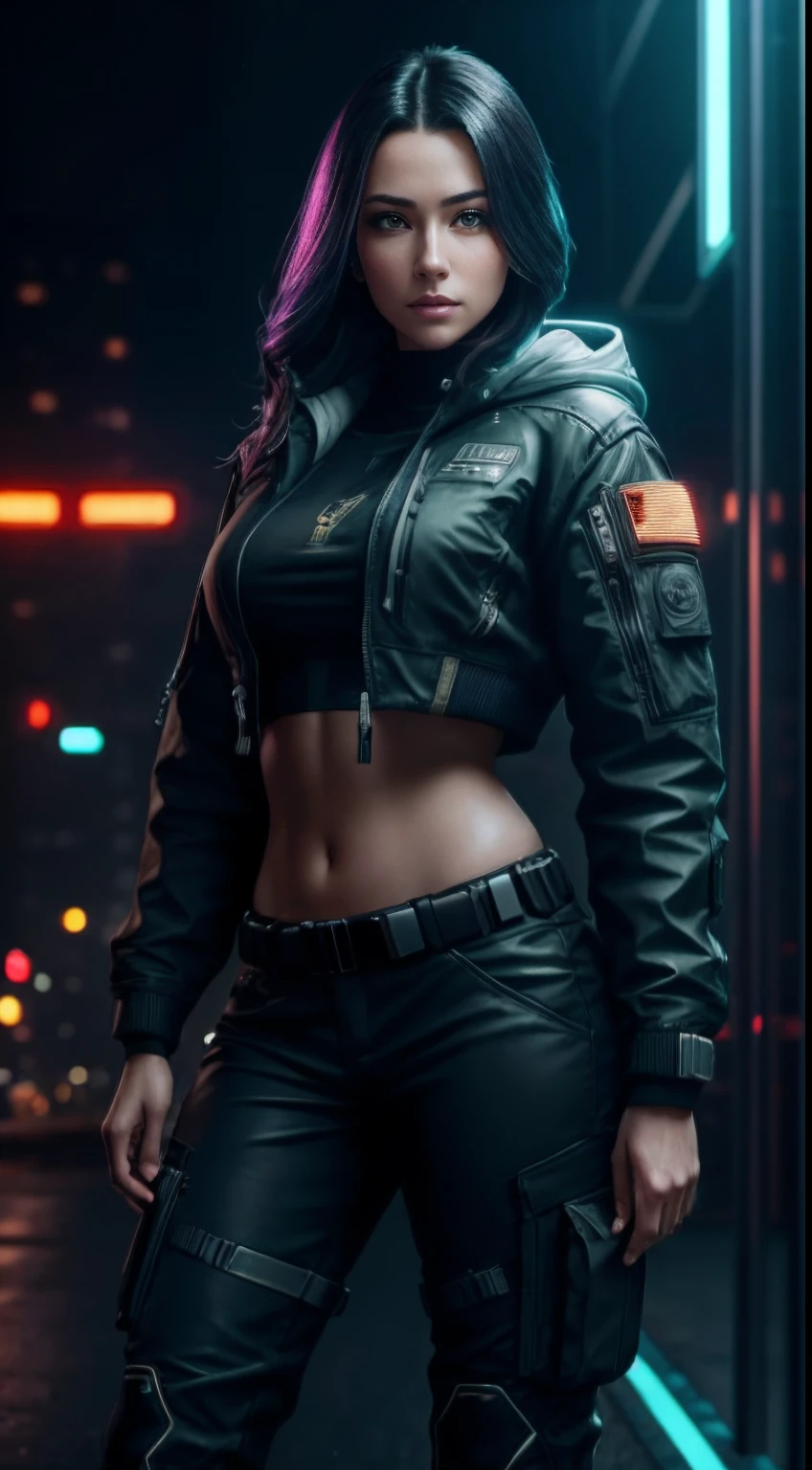 cyberpunk portrait photography, beautiful young woman looking off camera in glowing futuristic tactical hood jacket, tight cargo pants, tactical boots, super realistic face, proper eye position, natural skin, soft light, rim light, hips, in road side, detailed background, intricate, full body shot, highly detail, octane render, HD, 8k, by Annie Leibovitz,120mm