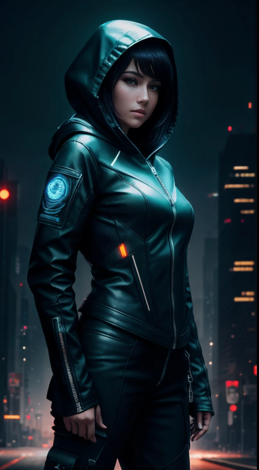 cyberpunk portrait photography, beautiful young woman looking off camera in glowing futuristic tactical hood jacket, tight cargo pants, tactical boots, super realistic face, proper eye position, natural skin, soft light, rim light, hips, in road side, detailed background, intricate, full body shot, highly detail, octane render, HD, 8k, by Annie Leibovitz,120mm