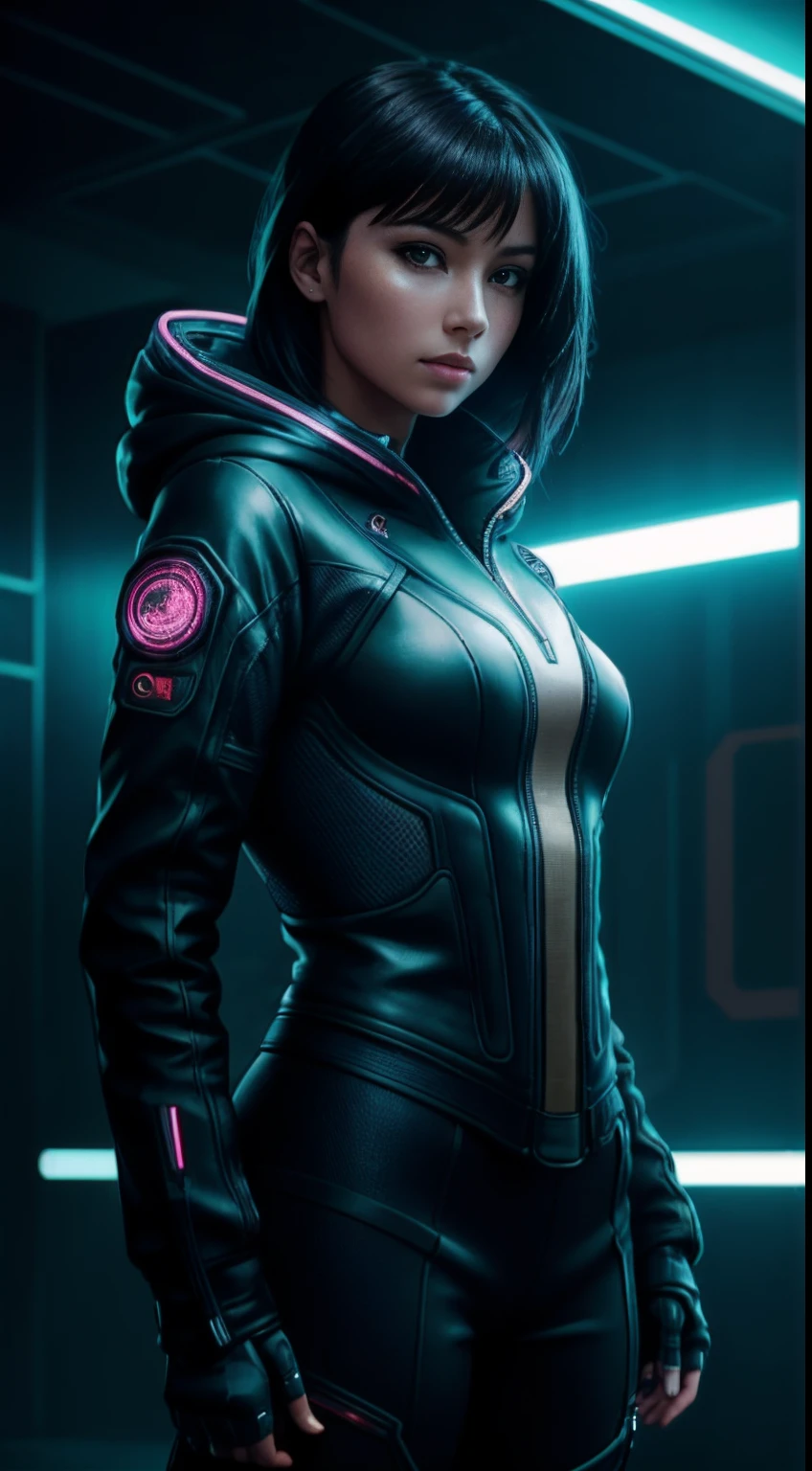 cyberpunk portrait photography, beautiful young woman looking off camera in glowing futuristic tactical hood jacket, tight cargo pants, tactical boots, super realistic face, proper eye position, natural skin, soft light, rim light, hips, in road side, detailed background, intricate, full body shot, highly detail, octane render, HD, 8k, by Annie Leibovitz,120mm