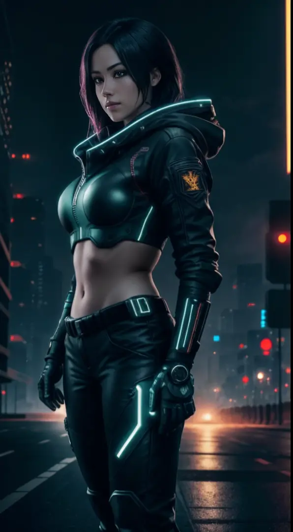 cyberpunk portrait photography, beautiful young woman looking off camera in glowing futuristic tactical hood jacket, tight cargo...