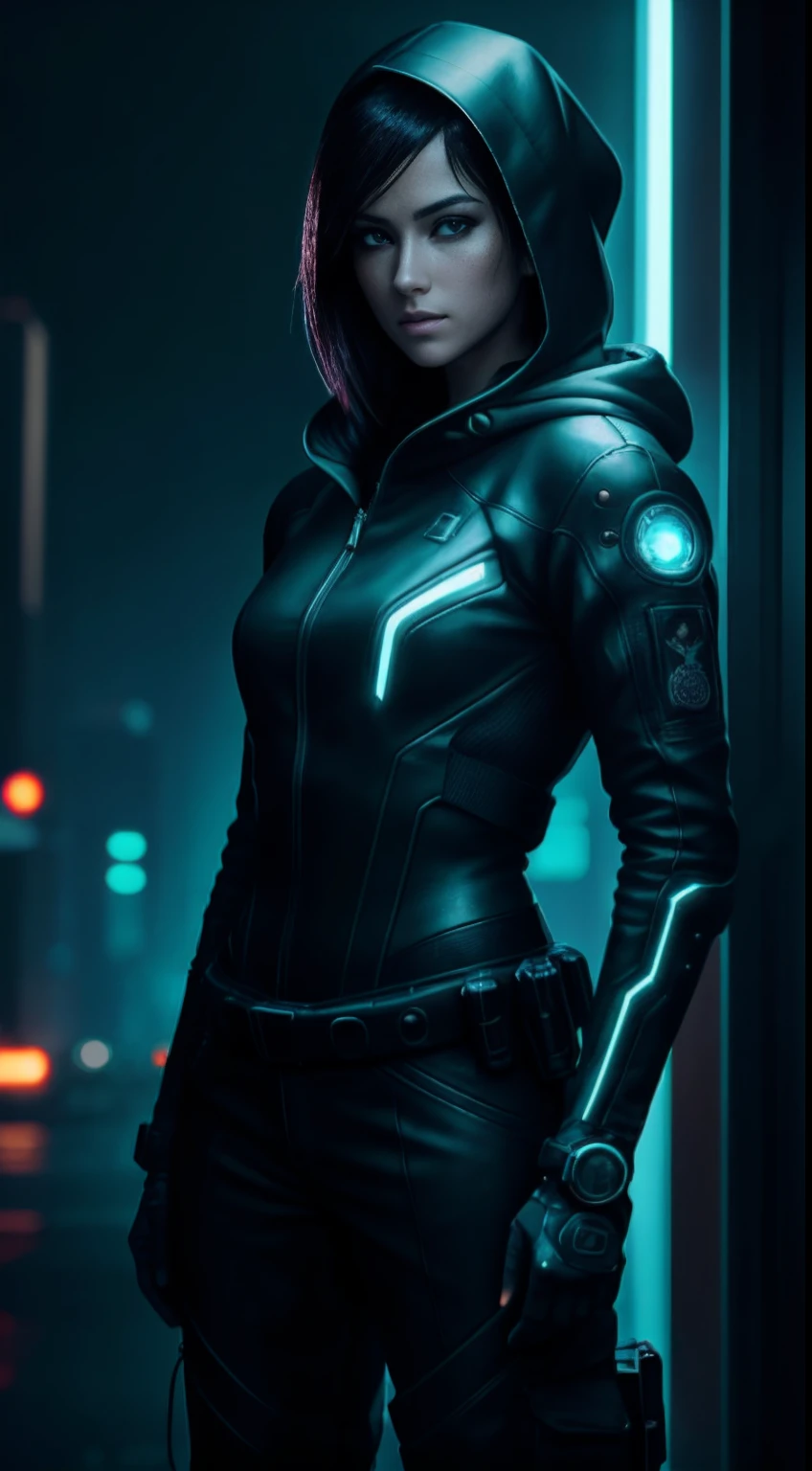 cyberpunk portrait photography, beautiful young woman looking off camera in glowing futuristic tactical hood jacket, tight cargo pants, tactical boots, super realistic face, proper eye position, natural skin, soft light, rim light, hips, in road side, detailed background, intricate, full body shot, highly detail, octane render, HD, 8k, by Annie Leibovitz,120mm