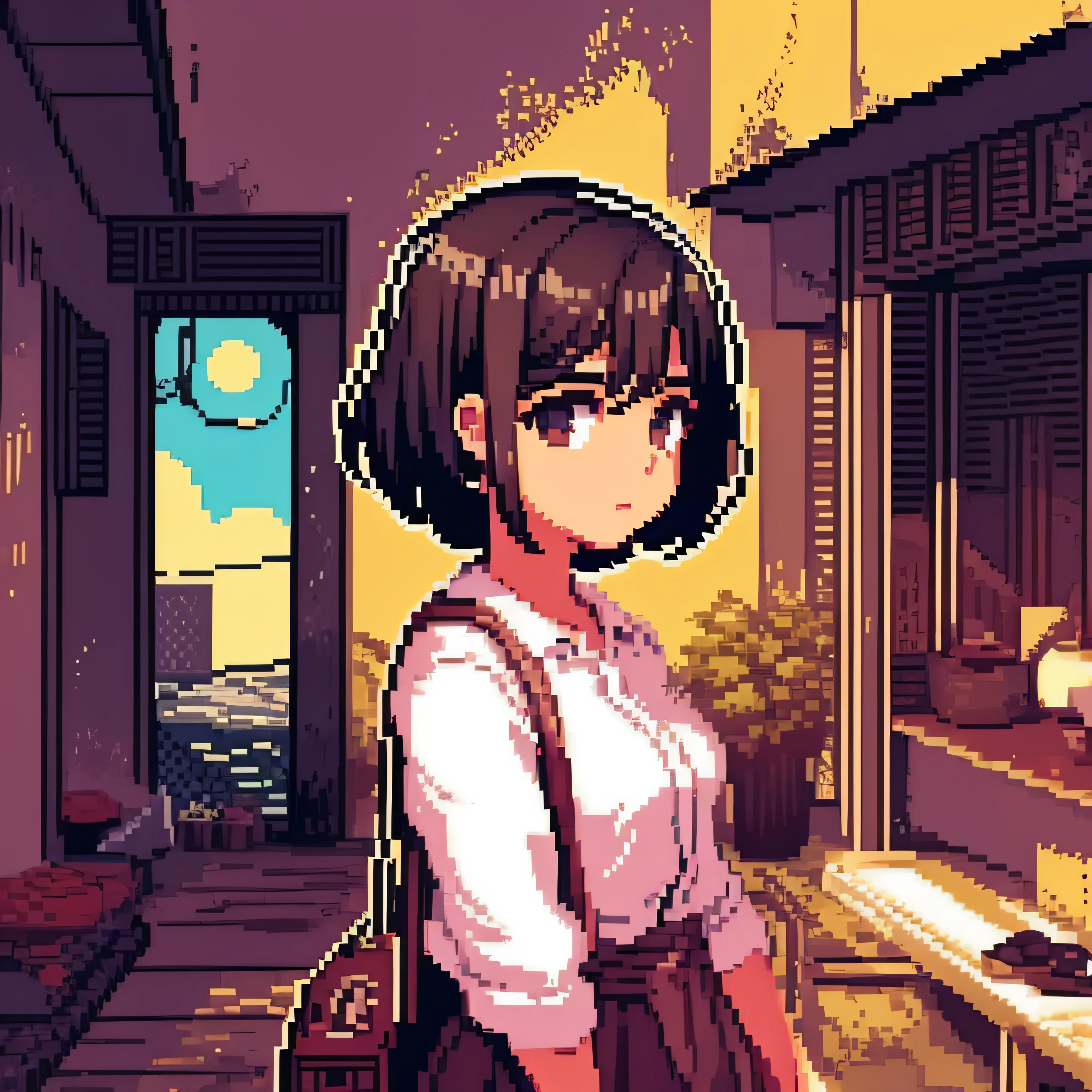 , casaco preto, cabelos preto, Casa abandonada, completamente em pixel art, cabelo curto, segurando uma flor, no por do sol, cabelo preto