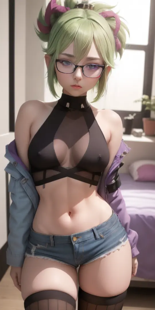 1girl, small breasts, small hips, purple eyes, green hair, crop top, denim shorts, bedroom, striped thighhighs,,pervert, petite, glasses,