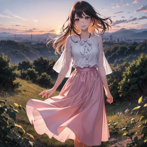 on a hill,Pretty girl,Evening glow,Pink long skirt、White blouse,Skirt is wind、Watching the sunset,face lights