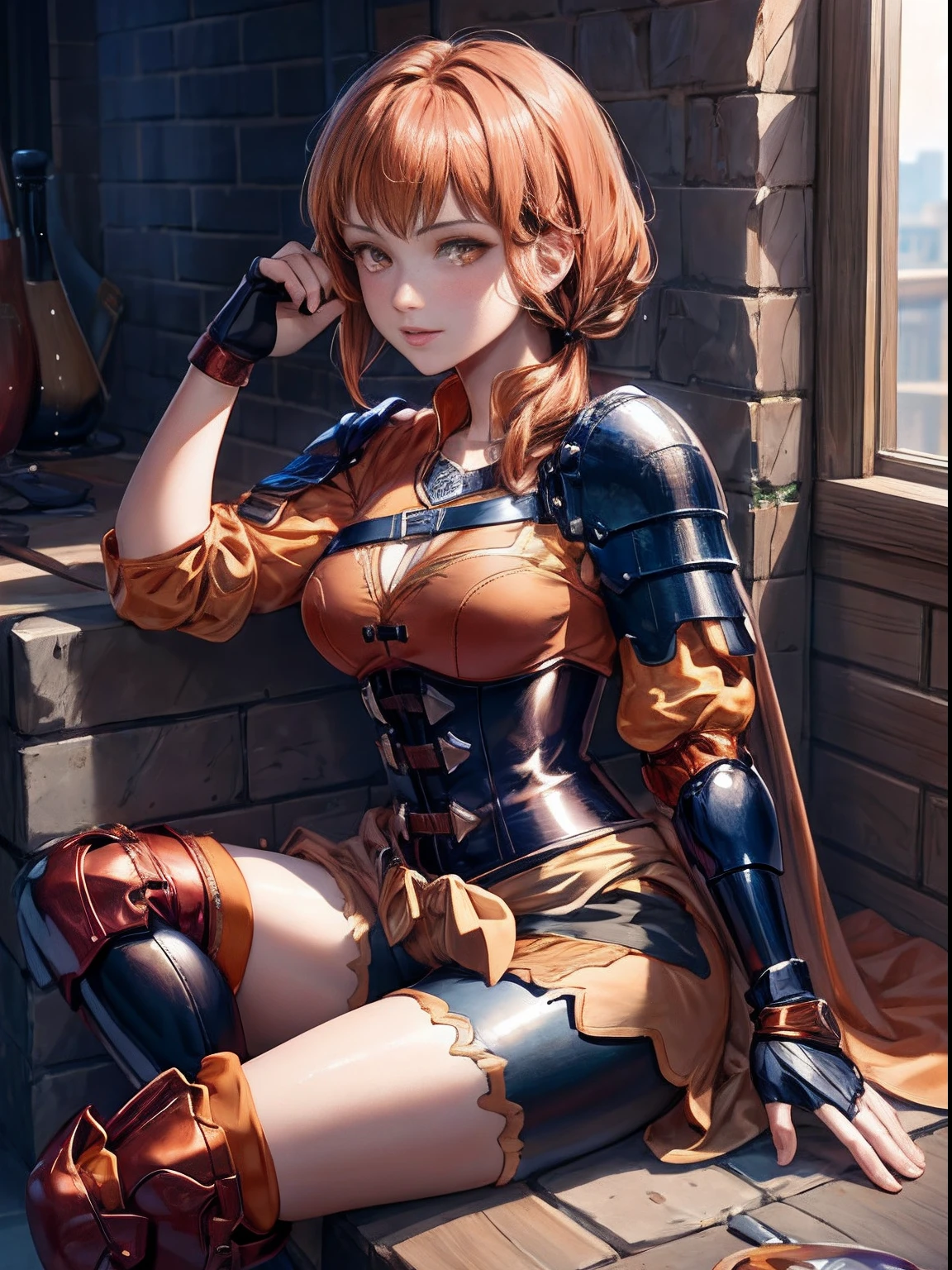 masterpiece, ultra high quality cg, best quality, leonie pinelli, hair over shoulder, orange shirt, shoulder armor, fingerless gloves, black shorts, sitting, black corset, lace