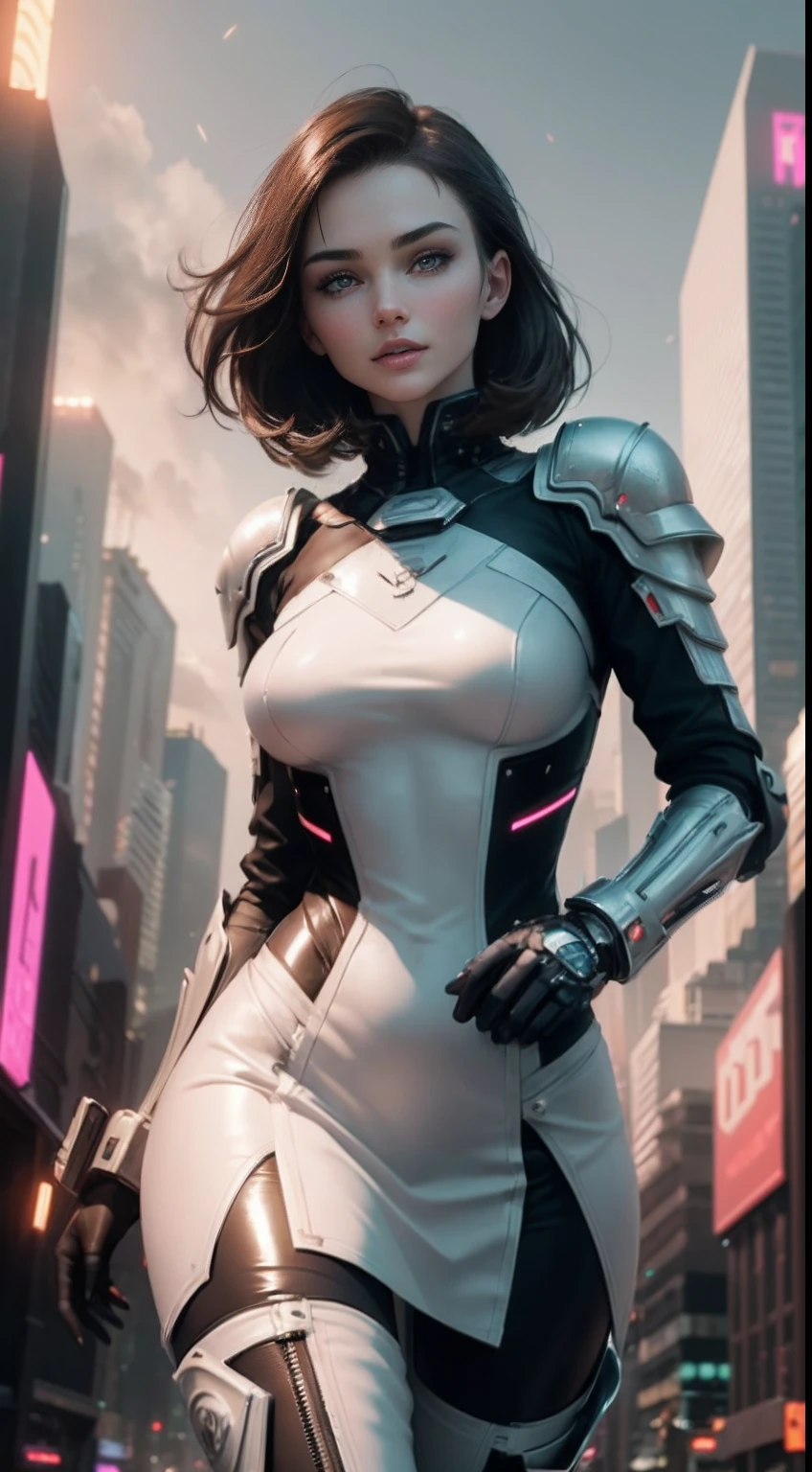 ((chat: Semblable à Miranda Kerr 24 ans & visage parfait & look séduisant & Robe cyberpunk blanche & Armure complète avec pantalon & Yeux noisette ultra détaillés & grand & mince & peau pâle & Des cheveux châtain foncé tombant en cascade jusqu&#39;à vos épaules & Petit buste & chiffre de sablier, mains détaillées)) Elle court sur les toits, Poses d&#39;aventurier dynamique, Fond Ville De Nuit Futuriste,|