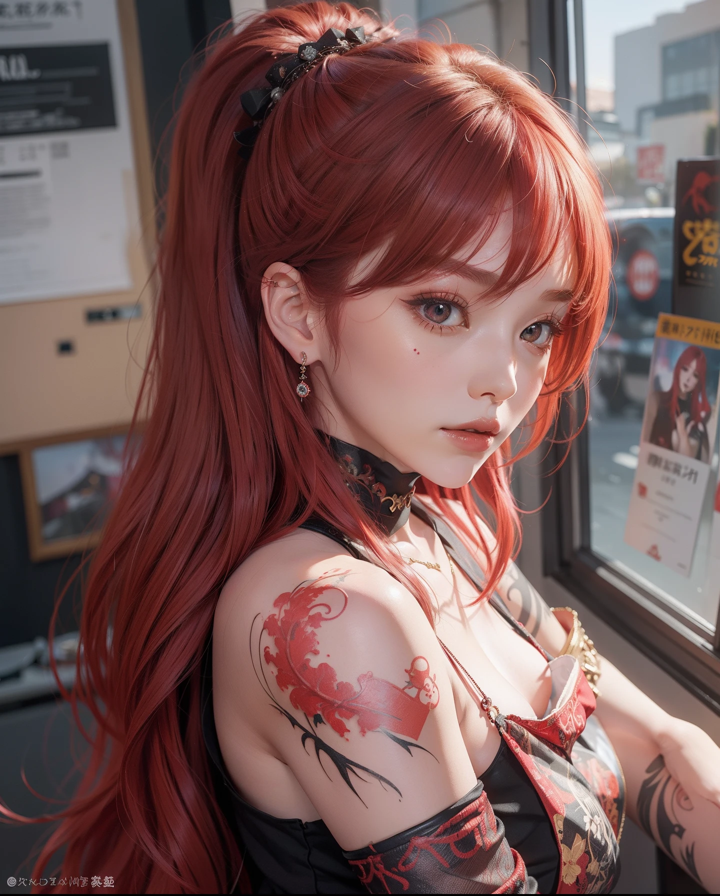 Ultra High Definition 2D Art、a closeup(1womanl)、Light red hair、Red contact lenses、Unified fashion in red、Red Gemstone Decoration、2 d anime style、Soft and delicate depiction、Also note the red tattoo on her whole body(Full Body Art)、For Full Body Tattoo Seal Landscape Mode、A masterpiece by Guweiz and James Jean、TATTOO EXPERT DESIGN BY CLOSSCOSITY、number々A beautiful red-haired girl who became a hot topic at Japan's trend art station。Finish as shown in the photo、