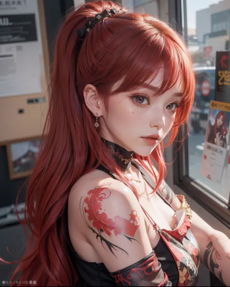 Ultra High Definition 2D Art、a closeup(1womanl)、Light red hair、Red contact lenses、Unified fashion in red、Red Gemstone Decoration、2 d anime style、Soft and delicate depiction、Also note the red tattoo on her whole body(Full Body Art)、For Full Body Tattoo Seal...
