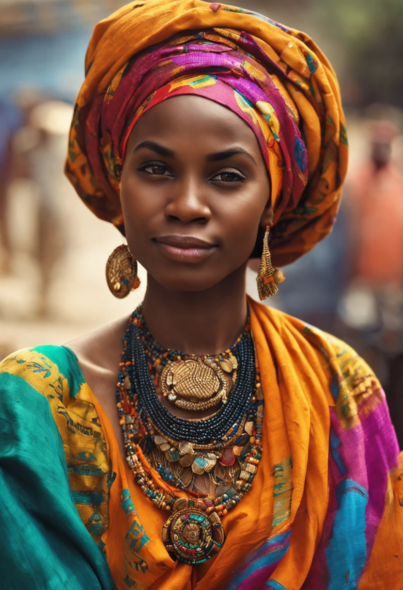 oil portrait painting of a young very beautiful hausa woman, in front of a market, rich colorful clothes, turban and golden hausa jewelry, close up, regal pose and attitude