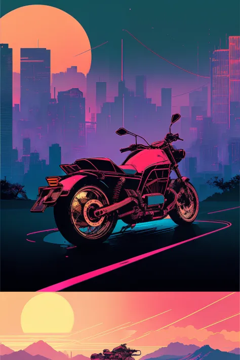 (nvinkpunk: 1.2) Anthwve Style Motorcycle, Light Wave, Sunset, Intricate and Elaborate Design