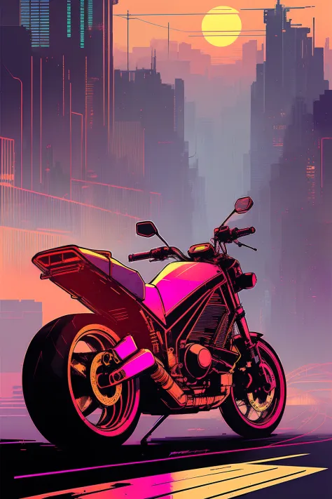 (nvinkpunk: 1.2) Anthwve Style Motorcycle, Light Wave, Sunset, Intricate and Elaborate Design