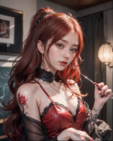 Ultra High Definition 2D Art、a closeup(1womanl)、Light red hair、Unified fashion in red、2 d anime style、Soft and delicate depiction、Also note the red tattoo on her whole body(Full Body Art)、In landscape mode、A masterpiece by Guweiz and James Jean、TATTOO EXPE...