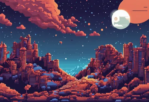 Pixel art of a huge moon in the dark, spoiled night sky, bela arte detalhada do pixel, pixel art detalhado, lo-fi retro videogame, Conceito PixelArt, arte detalhada do pixel, estilo pixel art, cidade de pixel, pixel art animation, pixel art de alta qualida...