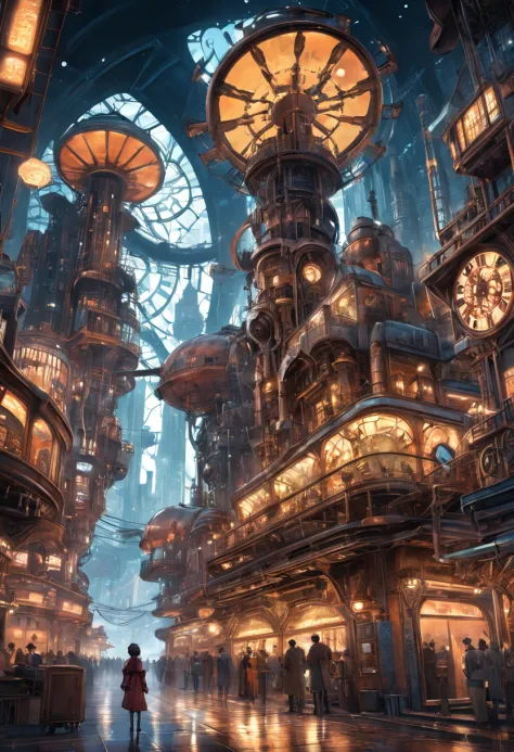 color photo of a mesmerizing hybrid world that blends the elements of steelpunk and steampunk aesthetics. The scene unveils a captivating realm where futuristic technology and Victorian-era machinery coexist in perfect harmony. The landscape is adorned wit...