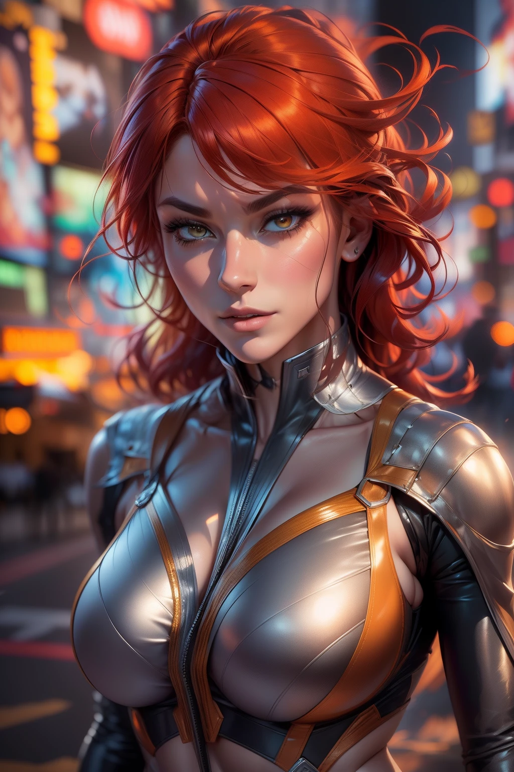 Phoenix (Jean Grey:X-Men) full body, New York City in Time Square, realistically highlighted with realistic fire, including bursts of flame, glowing hot embers, subtle curls of smoke, and a beautiful fire druid. Her face is expertly sculpted, with elegant and refined features and perfect shading and realistic skin texture. Her (orange and gold eyes), (Her extremely detailed eyes, beautiful detailed eyes, and macro).
(Ultra Quality, Masterpiece, Ethereal: 1.4) ((Best Quality, Masterpiece)), ultra-detailed, high resolution, realistic CG rendering, dynamic pose, beautiful face,(gray jean:X-Men), Glowing Aura, bright eyes, red hair, full body shot, full of action, intense energy, dramatic background. firebird in the background, Nagatiti, (huge breasts:1.6), (hanging breasts: 1.5), (disproportionate breasts: 1.4), (realism:1.2), (realisitc:1.2), (absurd:1.4), 8k, ultra -Detailed, detailed pretty face,(alone:1.4), 1girl, (Facing Viewer:1.2), Intricate body details, (Curvy:1.3),(bikini:1.3)