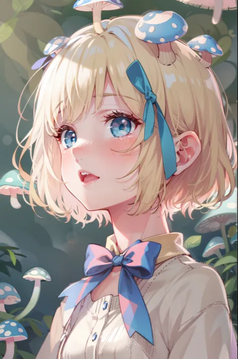 blonde hair, girl, blue ribbon, blush, blue eyes, from below, short hair, blush, soft focus, full body, mushroom on head