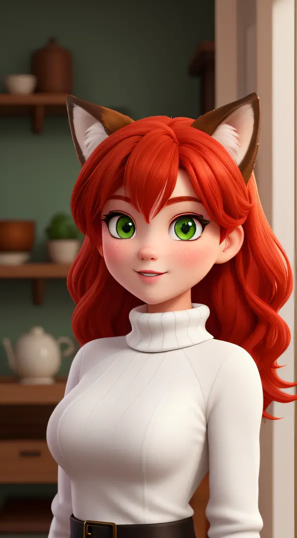 A Fox fantasy woman of 14 years old, with red hair, cute face, boxy face, and green eyes, wearing white turtleneck.