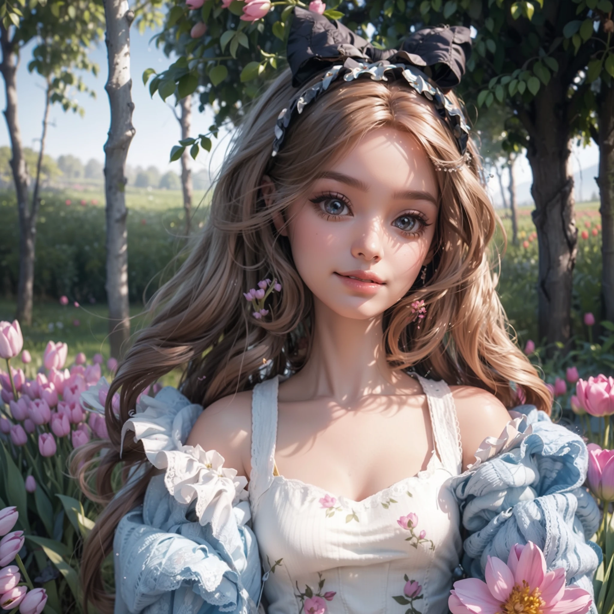 Barbie taking a selfie at a tulip plantation, different lines of colourful tulip flowers, forest as background, spring day, sunny day, highly detailed. Photorealistic.