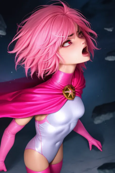 masterpiece, best quality,  upper body, face, torso, detailed skin, [anime|realistic|anime], from above, looking up, angry expression, open mouth, particles in air, cinematic lighting,  BREAK,
short and (messy pink hair), (glowing pink eyes), pink eyebrows...
