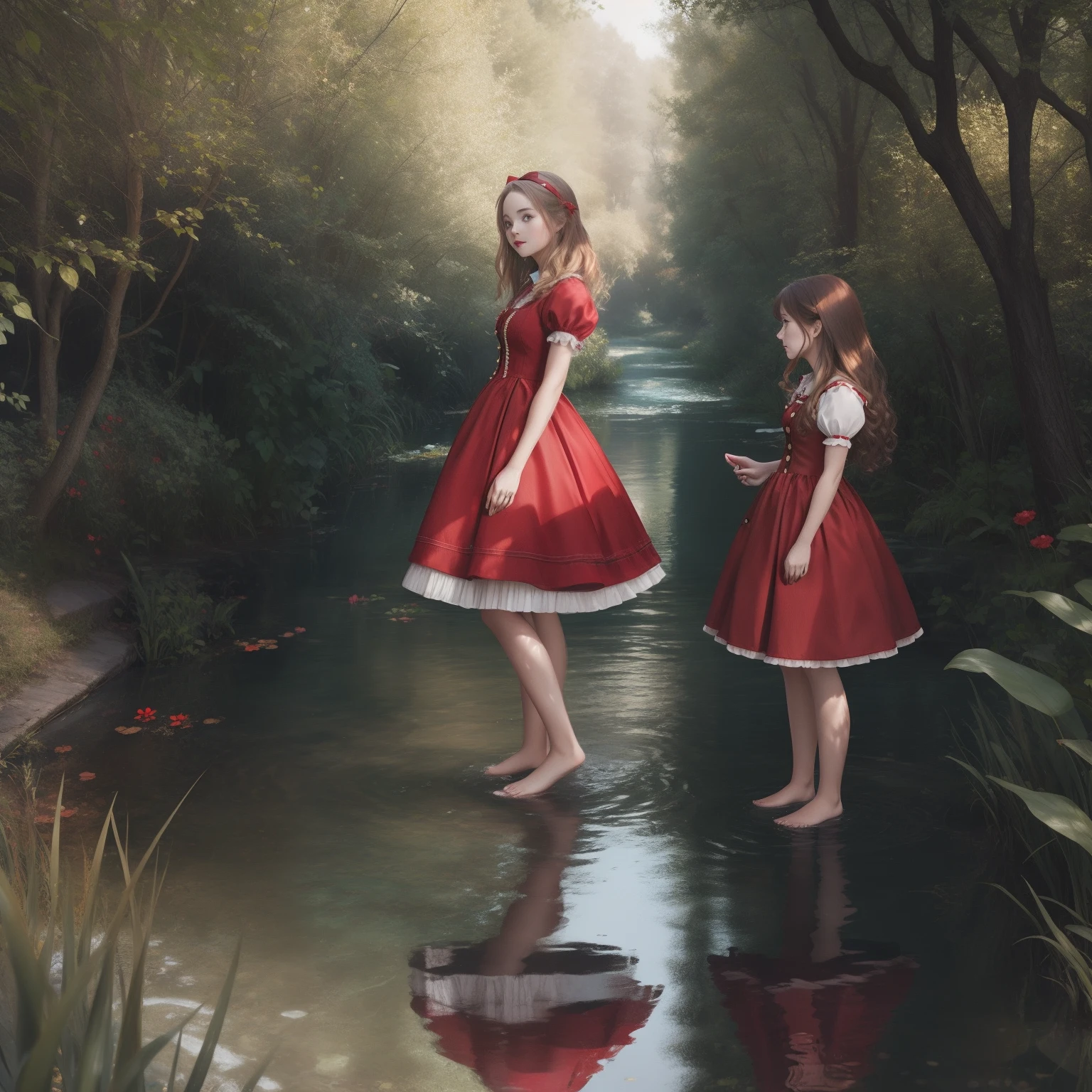 alice in wonderland vibes, 1 girl, full red dress with brown buttons, hyper realistic, standing in water, barefoot