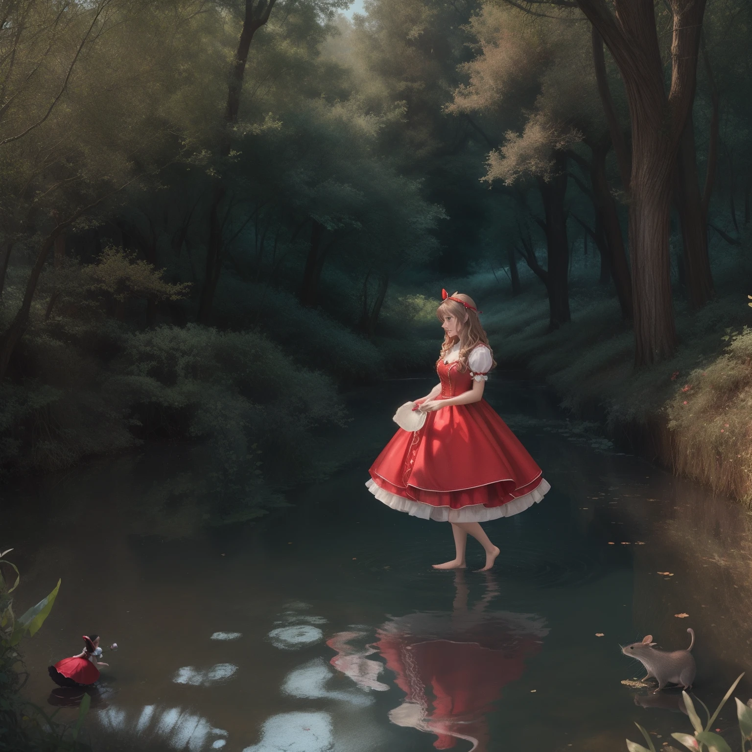 alice in wonderland vibes, full red dress, hyper realistic, standing in water, barefoot, rats running