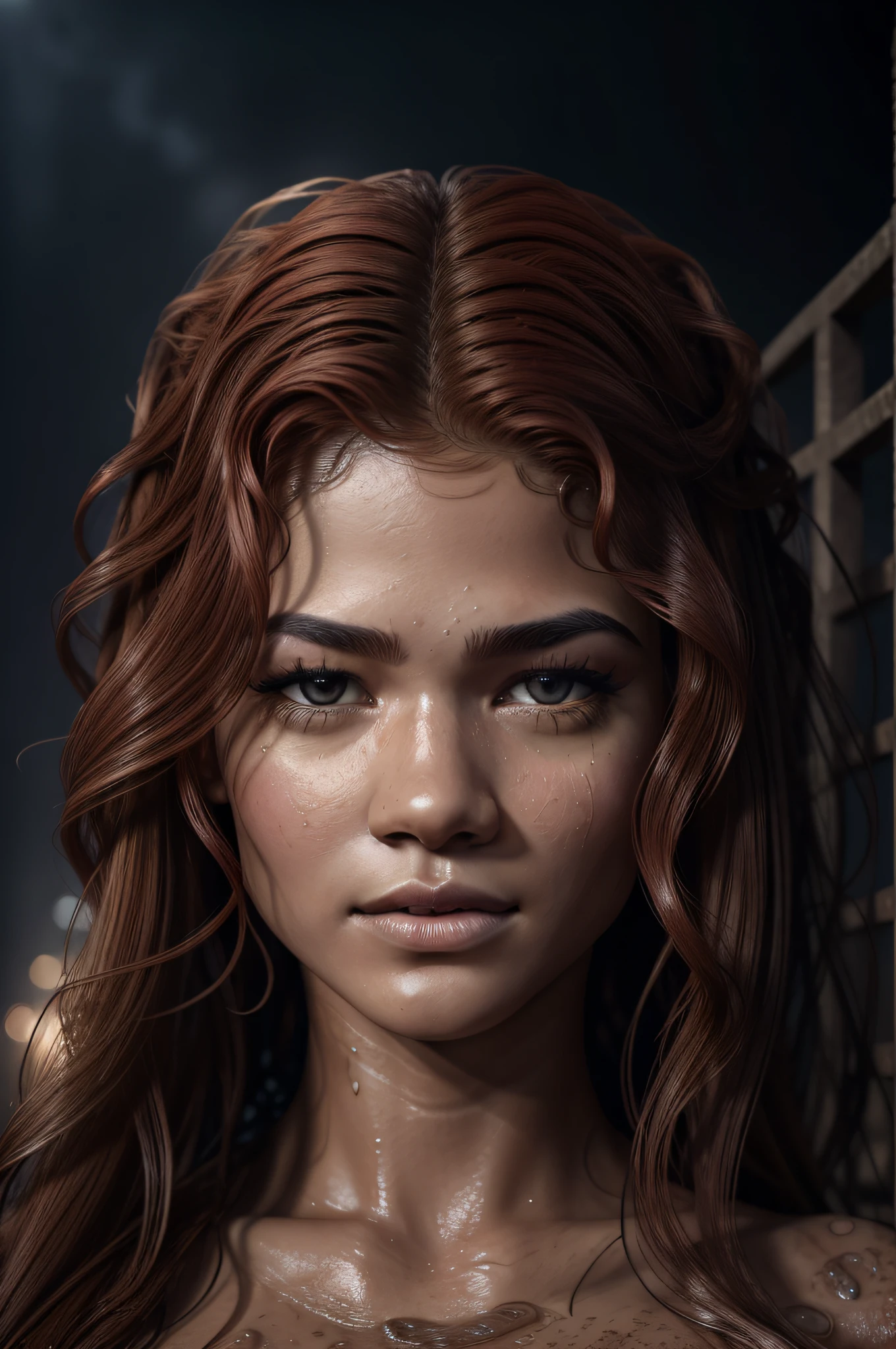 Masterpiece,  a full body of a beautiful red-haired Zendaya, an Amazonian woman all smeared with mud? She has sunk into the mud up to her breasts and is trying to crawl out, naked, full of mud stains and with holes everywhere, (normal breasts), It rains that it pours. (perfect body with slight bleeding scrapes here and there), (red matted hair), (long curly hairstyle), outside. HD photography, ultra-realistic, 4k, hyper-realistic, sharp texture, color. Her face with glistening water droplets is illuminated by the sun. A perfect face model, mist-splitter, perfect face), beautiful lips stylish, beautiful female face, attractive female face!!!, beautiful feminine face, beautiful makeup, perfect face! all wet on a rainy night, scared look, eerie, creepy, dark ambient, cinematic lights, high view, raindrops. Futuristic pyramid city background.