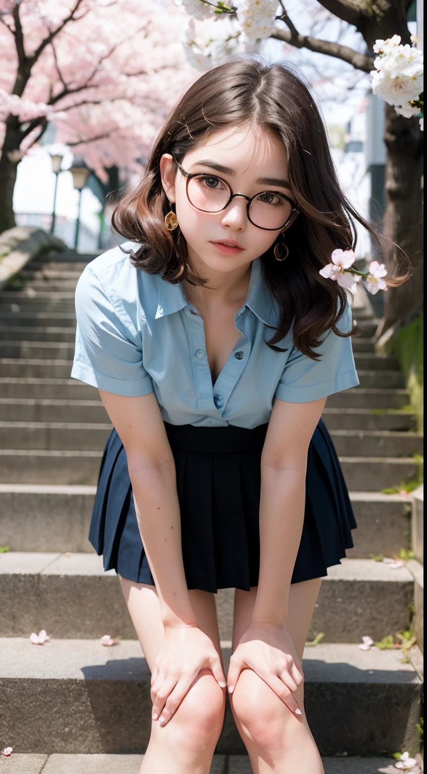 Arafed asian woman in a blue shirt and skirt sitting on a set of stairs -  SeaArt AI