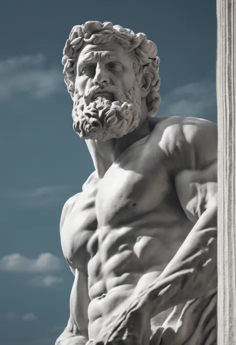 white statue, Stoic gricki which is the historical Greek status with muscles in the muscular man style profile, barba grande, Cinematic 8k e fundo escuro