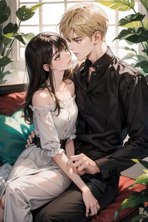 Couple, 1 girl 1 boy, different hair color, long black bang hair and brown eyes, short blonde hair and green eyes, romance, sit ...