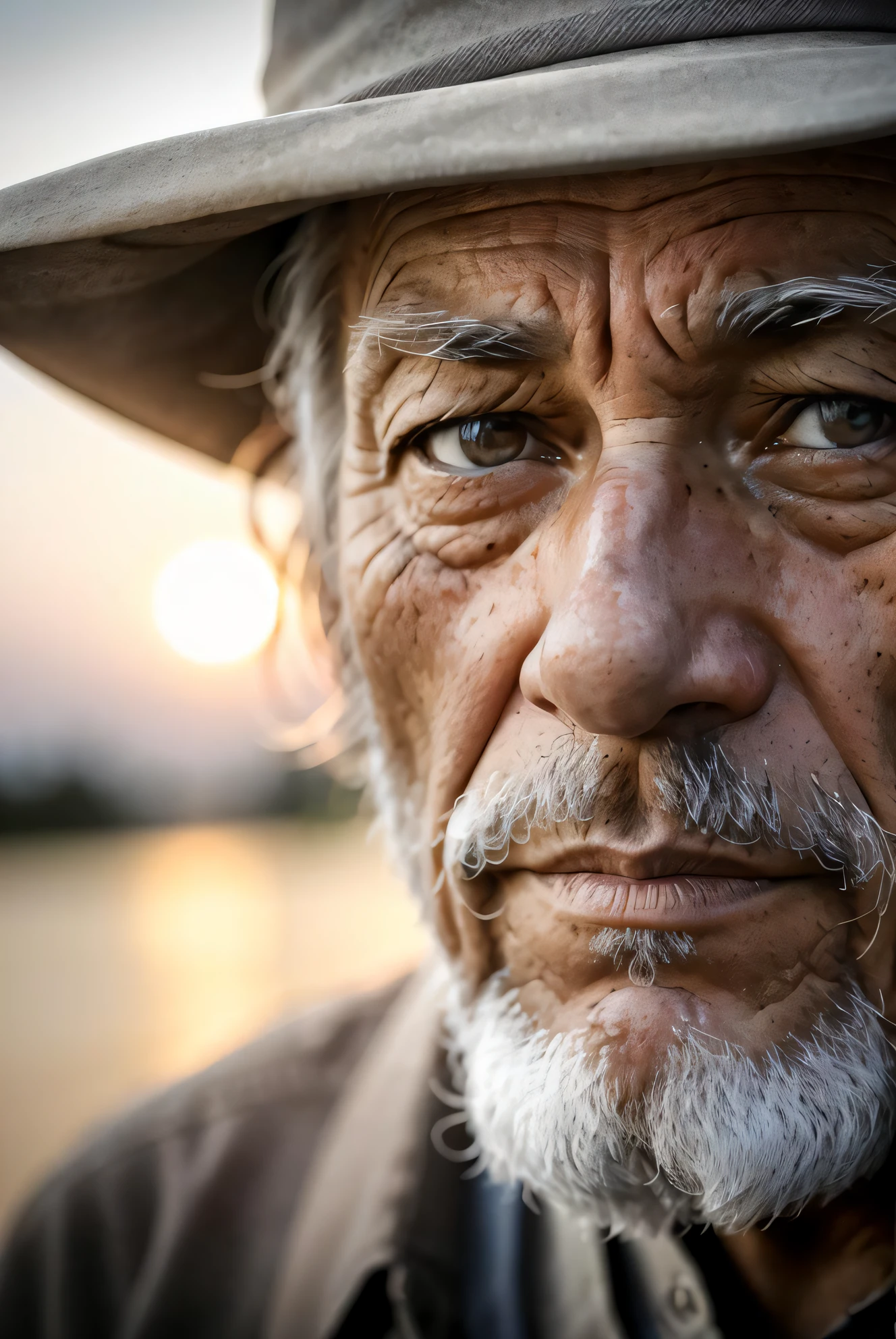 closeup portrait emotional photo of old man Jeffrey Doe in rugged bluesman clothes, face, 8k uhd, high quality, film grain, looking at viewer, portrait, (skin pores:1.2), (moles:0.8), (imperfect skin:1.1), intricate details, goosebumps, flawless face, ((photorealistic):1.1), (raw, 8k:1.2), hyper realistic, HDR, cinematic, dark, muted colors, atmosphere, ((macro lens)), sunset