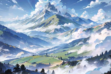 style of anime，European mountains，（A dragon flies in the sky），surrounded by cloud，The mountains are dotted with forests and meadows，Green meadow, Blue sky，Vista perspective