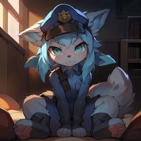 indoor, bedroom, on_bed, (chibi)，((((Police uniform，，Police cap，Cosplay suit)))) 
 ((Glaceon)), [[light blues_body, Sharp_tail，Light blue hair]],blue, (((quadruped, feral, canid, canine))), hind_limbs, (pink_pawpads:1.2), (animal_legs, animal_hand:1.2)
sol...