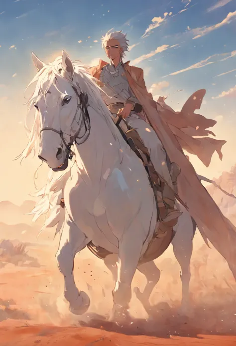 There is a man on a white horse in front of a moving train in the desert, (deserto), (Trem), ((rosto sorridente)), andar a cavalo branco, Vaqueiro, Vaqueiro , Foto de um cowboy, No Velho Oeste, O vaqueiro no velho Oeste, Velho Oeste, Lone guard, sonho de v...