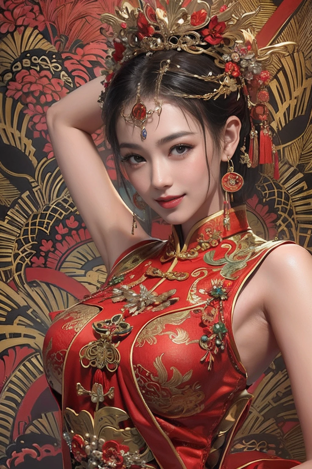Une femme portant une robe chinoise rouge et or，couronne de phénix，un mariage chinois，（chef-d&#39;œuvre，qualité supérieure，meilleure qualité，art officiel，beauté et esthétique：1.2），（1fille：1.3），Le est très détaillé，（l&#39;art fractal：1.1），le plus détaillé，（ emmêlé:1.2), corps entieresbienne, (arrière-plans abstraits:1.3), (peau brillante), (beaucoup de couleurs:1.4), Sourire heureux,(des boucles d&#39;oreilles), (plume:1.5), pose sexy, haut du corps nu, dynamique, au lit, lingerie