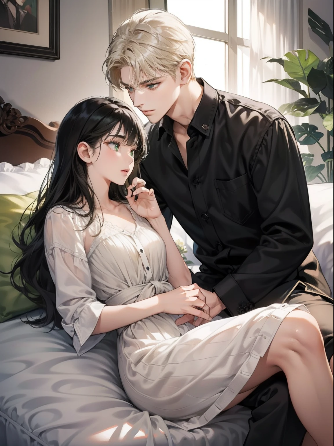 Anime couple in bed with a plant in the background - SeaArt AI